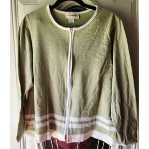 C.D. Petites Green and White Zip up Sweater Jacket Size Medium